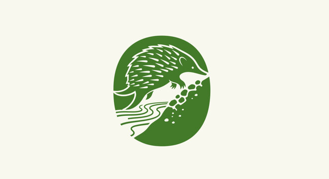 Green echidna logo with circular design.