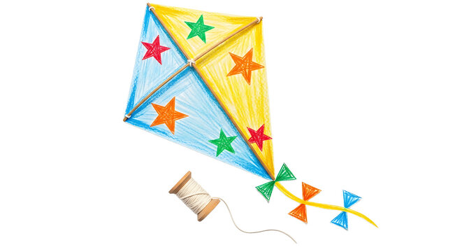 Hand-drawn colorful star kite with winding string