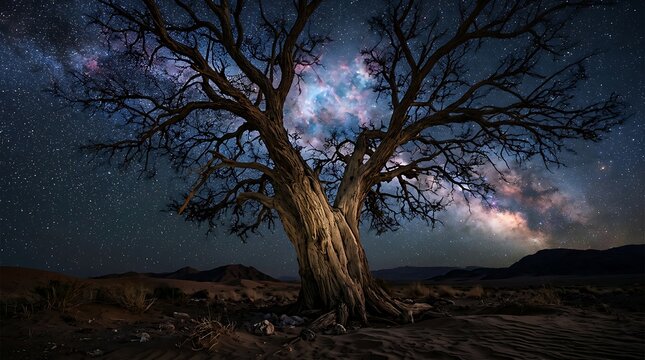 Old gnarled tree under a vibrant milky way night sky in the desert