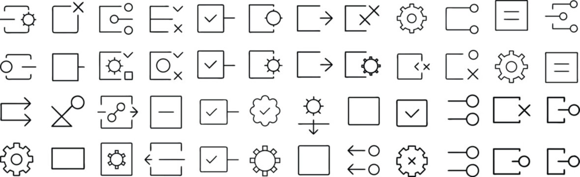 A collection of simple line icons representing process flow, flowchart elements, and system components, presented in a clean, minimalist grid format.