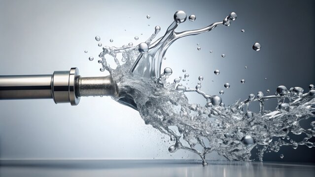 High-pressure water jet erupting from metallic pipe, showcasing dynamic fluid motion and glistening droplets