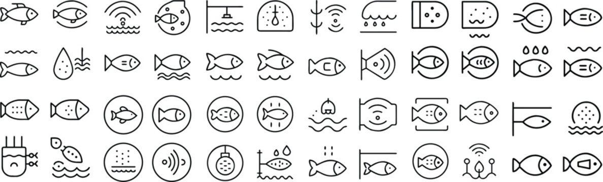 A collection of minimalist line art icons representing various aspects of fish farming and aquaculture. Each icon showcases a different element.