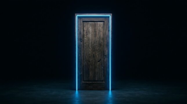 A rustic wooden door framed by a glowing blue neon light stands in the dark, symbolizing a conceptual portal of transition between tradition and a mysterious digital future.