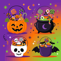 Fototapeta premium Halloween Candy Buckets Assortment Featuring Pumpkin, Cauldron, and Skull