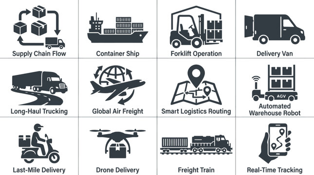 Monochrome silhouette collection of modern logistics and urban mobility icons featuring trucks cargo ships airplanes trains delivery vans bicycles drones and public transport for commercial