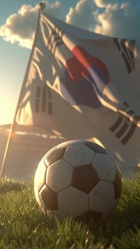 Soccer ball on grass field with South Korean flag waving in background during sunset.