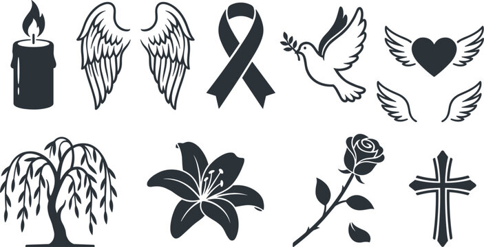 Funeral and sympathy vector icon set with mourning candle angel wings awareness ribbon dove cross rose lily flower willow tree on white background