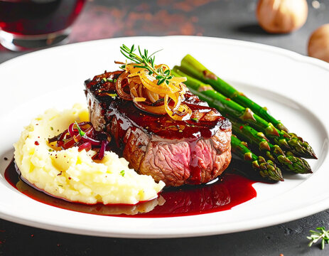 Beef tenderloin red wine sauce served with mashed potatoes, onions and asparagus. AI