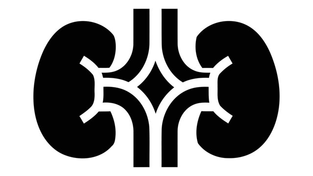 Stylized black icon of two kidneys connected by blood vessels, isolated on a white background.