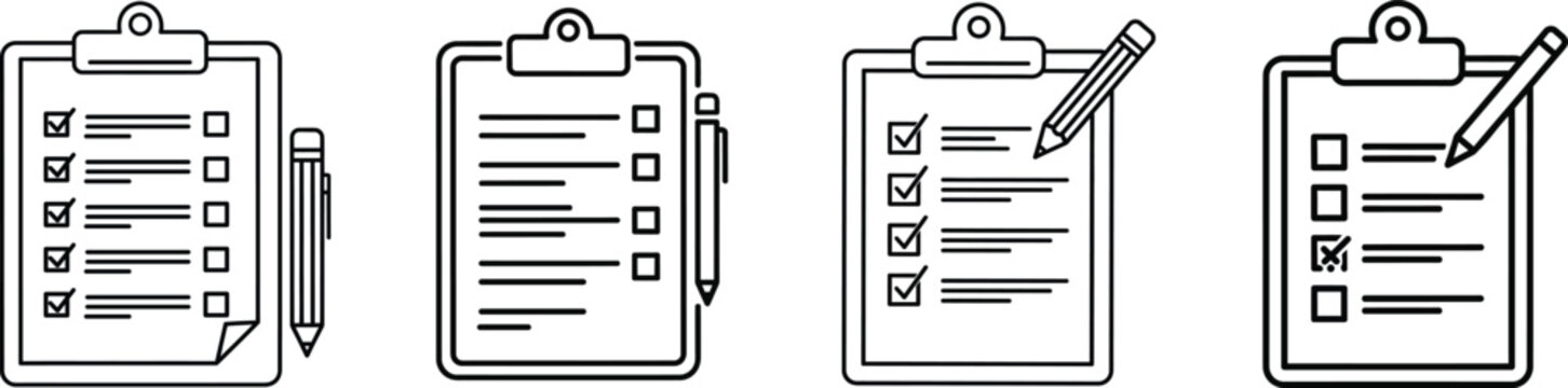 Set of line style checklists on clipboard with pencil