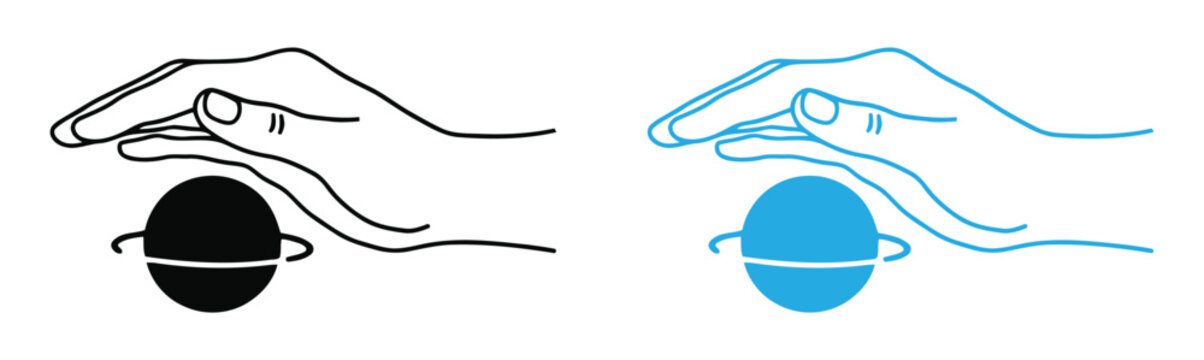 A versatile icon of a hand shielding the Earth, available in black and blue line art styles, symbolizing protection and care for the planet.