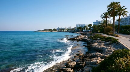 Fototapeta premium A vibrant seaside resort offers a relaxed and sunny view of the ocean landscape under clear midday light