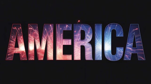 Bold word america filled with vibrant red and blue fireworks display against a dark black background
