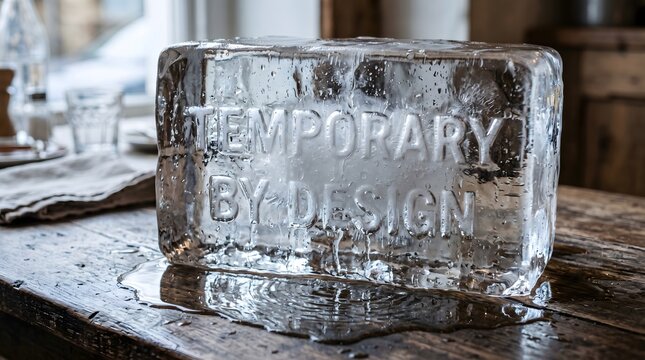 A block of ice carved with the words 'TEMPORARY BY DESIGN' slowly melts on a rustic wooden table, representing the fleeting nature of concepts, impermanence, and transience.