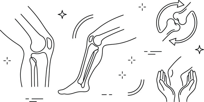 Human knee joint health and orthopedics linear outline icon set with bone anatomy flexibility and caring hands