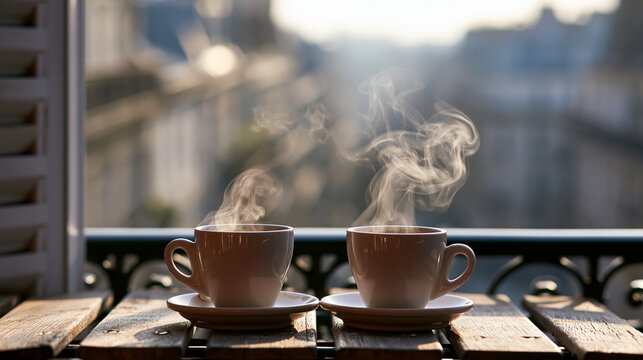 Steaming coffee cups on a cozy wooden balcony table, enjoying a relaxing morning cityscape view with warm sunlight, starting a peaceful day in an urban setting, copy space