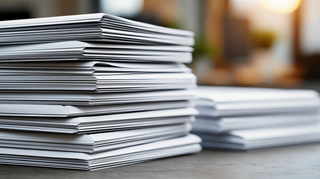 Stacked white documents creating a pile on an office desk, symbolizing extensive paperwork, bureaucracy, administrative tasks, and overwhelming workload awaiting attention