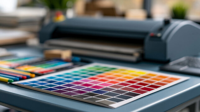 Graphic design tools with color swatches and lamination machine on a desk, representing creativity, inspiration, and the professional process of visual communication