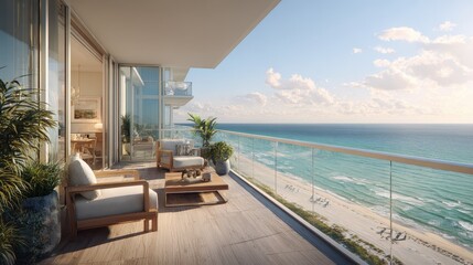 Obraz premium Coastal Condo Balcony with Panoramic Ocean View, Glass Railing, and Relaxing Outdoor Seating