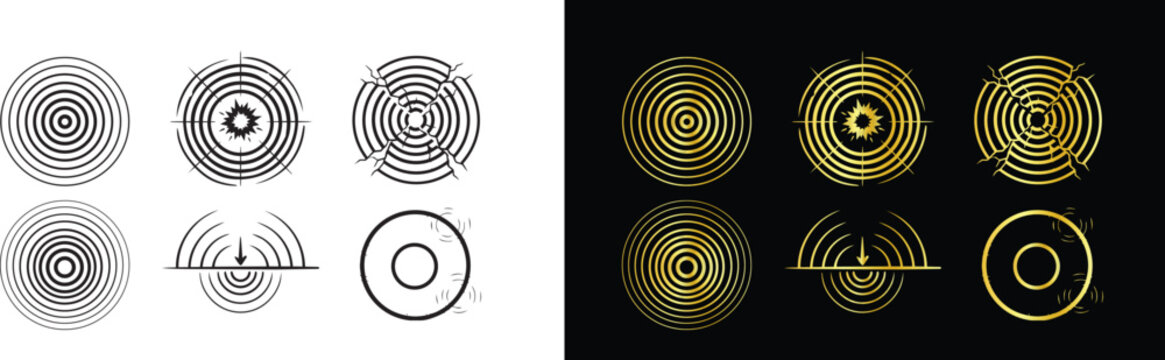 Luxury geometric golden and black sound waves radar targets and concentric tech circles design elements collection for tech branding