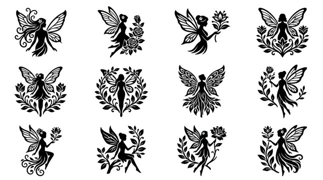 Black and white fairy illustrations with flowers.