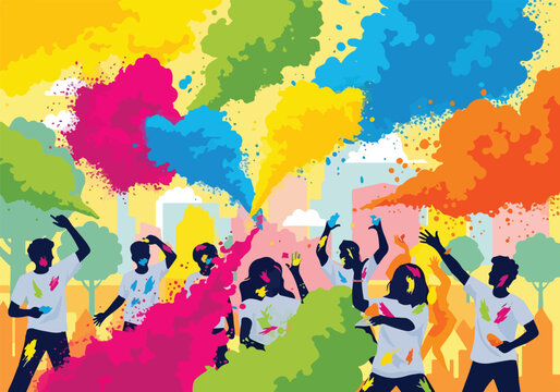 A colorful illustration of people celebrating with paint