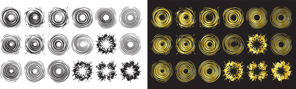 Luxury golden and black abstract circular paint brush strokes and swirl ring elements bundle for creative design background