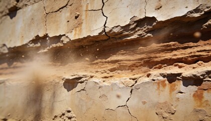 Fototapeta premium Showing clay wall at arid outcrop with horizontal layers, cracks, flaky ledges, rust streaks, dust