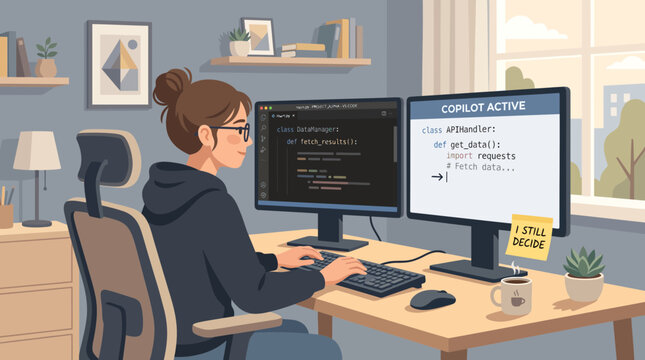 Female Programmer Developing Software with AI Assistant Support