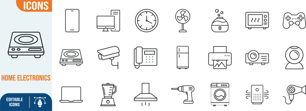 Consumer electronics and appliances vector icons. smartphone icon set, laptop icon set, refrigerator icon set