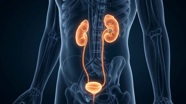 Medical animation of the human urinary system with glowing kidneys