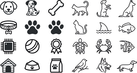 Obraz premium Pet care and domestic animal line icon set with dog breeds cat paw print fish turtle microchip symbols isolated on white background