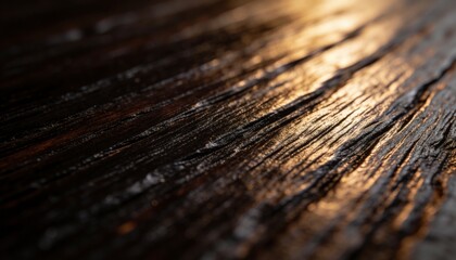 Fototapeta premium Showing weathered dark wooden plank glistening under warm angled light, with deep parallel grooves