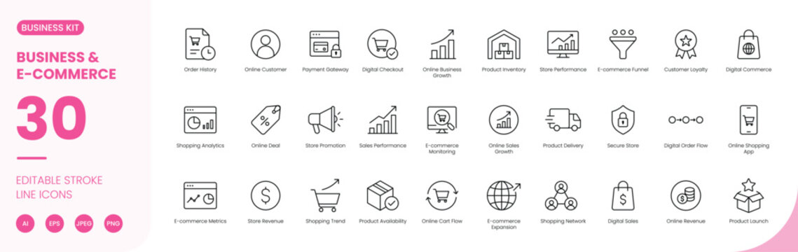 business and E-commerce icon line style online store shopping product editable stroke vector set