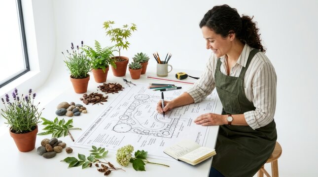 A woman sits at a table, surrounded by potted plants and natural items.