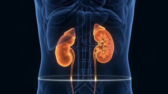 Medical scan of human kidneys with a glowing blue digital torso