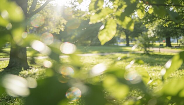 Framing out-of-focus green leaves filtering sun over lawn, tree-trunk in park, showing lens flare
