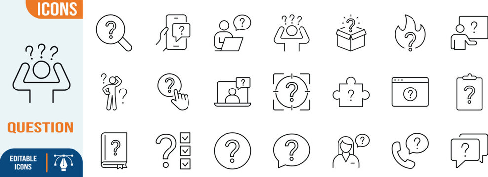 Questions and answers line icons. magnifier icon set, phone icon set, bubble icon set