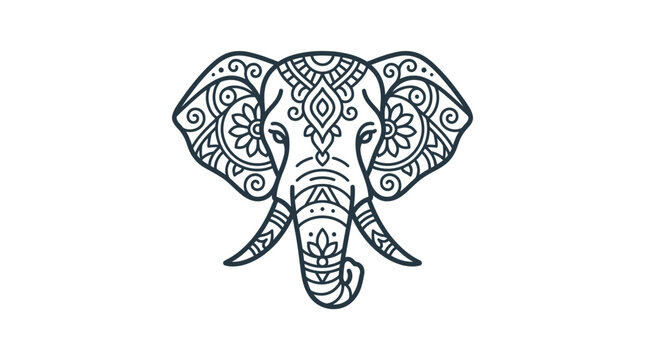 Intricate black and white elephant head mandala line art illustration for decorative design