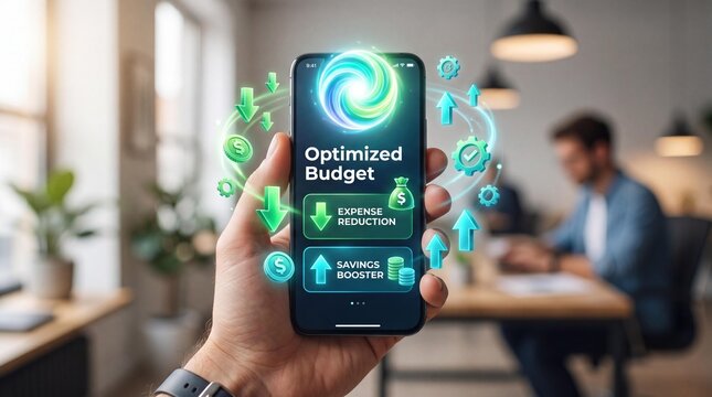 Hand holding smartphone with expense reduction