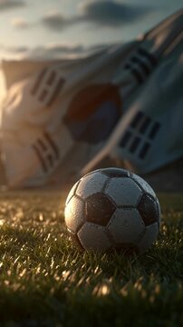 Soccer ball on grass field with South Korean flags waving in background at sunset.