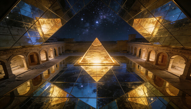 Floating golden pyramid casting light across stone arches, reflecting on tiled pool echoing mirrors