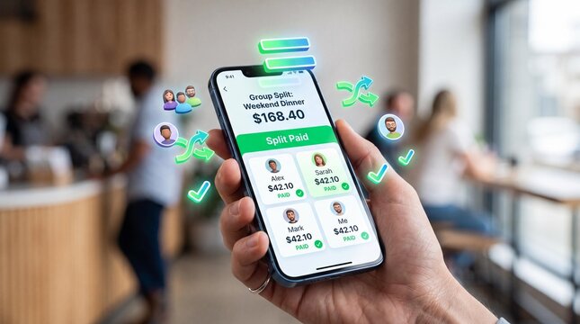 Hand holding smartphone with bill splitting app on screen