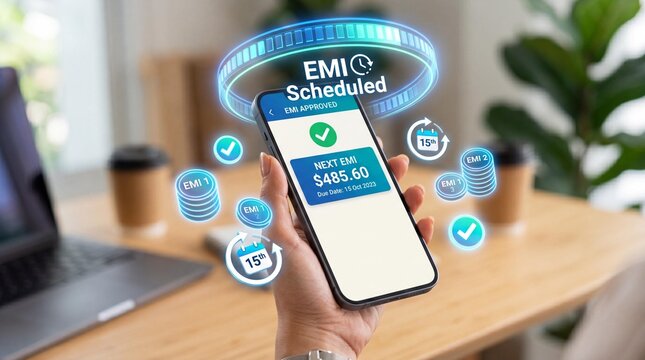 Hand holding smartphone with emi payment schedule on screen