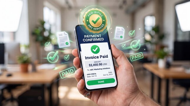 Hand holding smartphone with payment confirmed invoice on screen