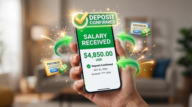 Hand holding smartphone with salary received message on screen