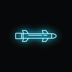 Obraz premium Missile weapon icon glowing with blue neon light on a dark background