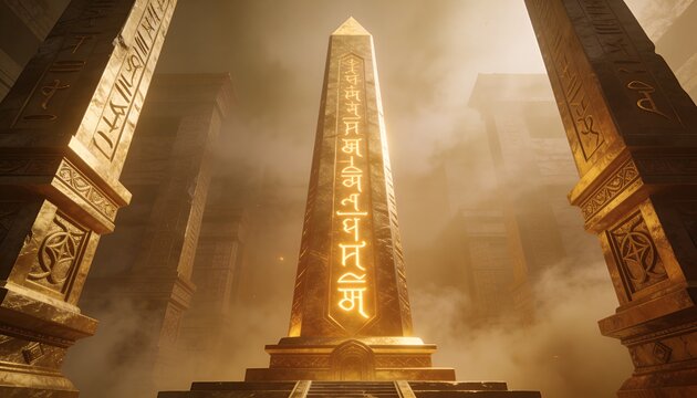 Towering central glowing obelisk emitting luminous runes inside temple hall, with flanking pillars