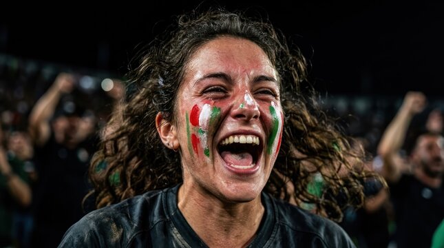 Soccer fan with face paint cheering in stadium crowd