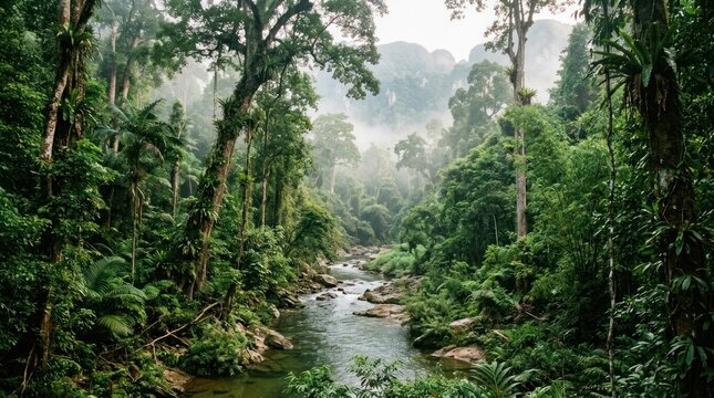 A serene forest scene with a babbling stream surrounded by lush greenery.